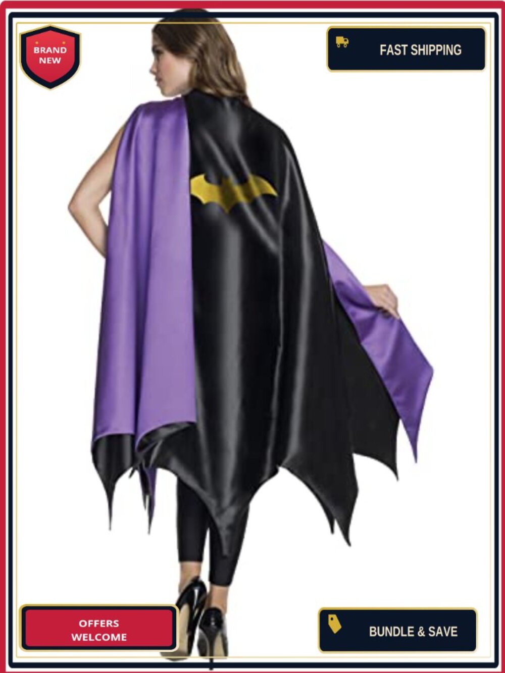 Deluxe Batgirl Cape Lined Satin Glitter Logo Hook & Loop Closure